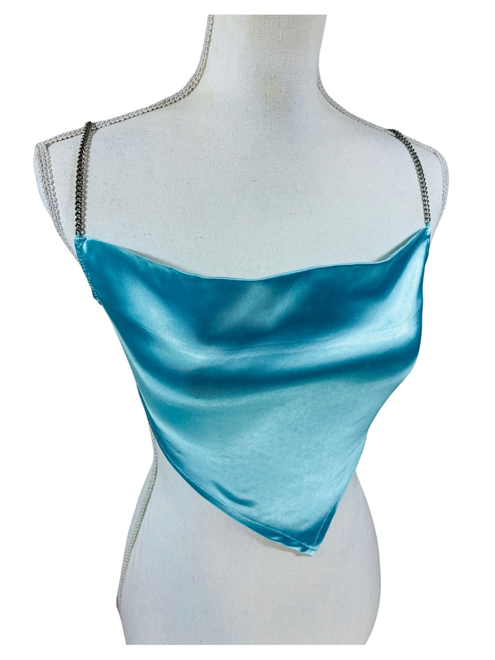 Cider Turquoise Satin Chain Strap Cowl Neck Backless Cami Top Size Medium NWT